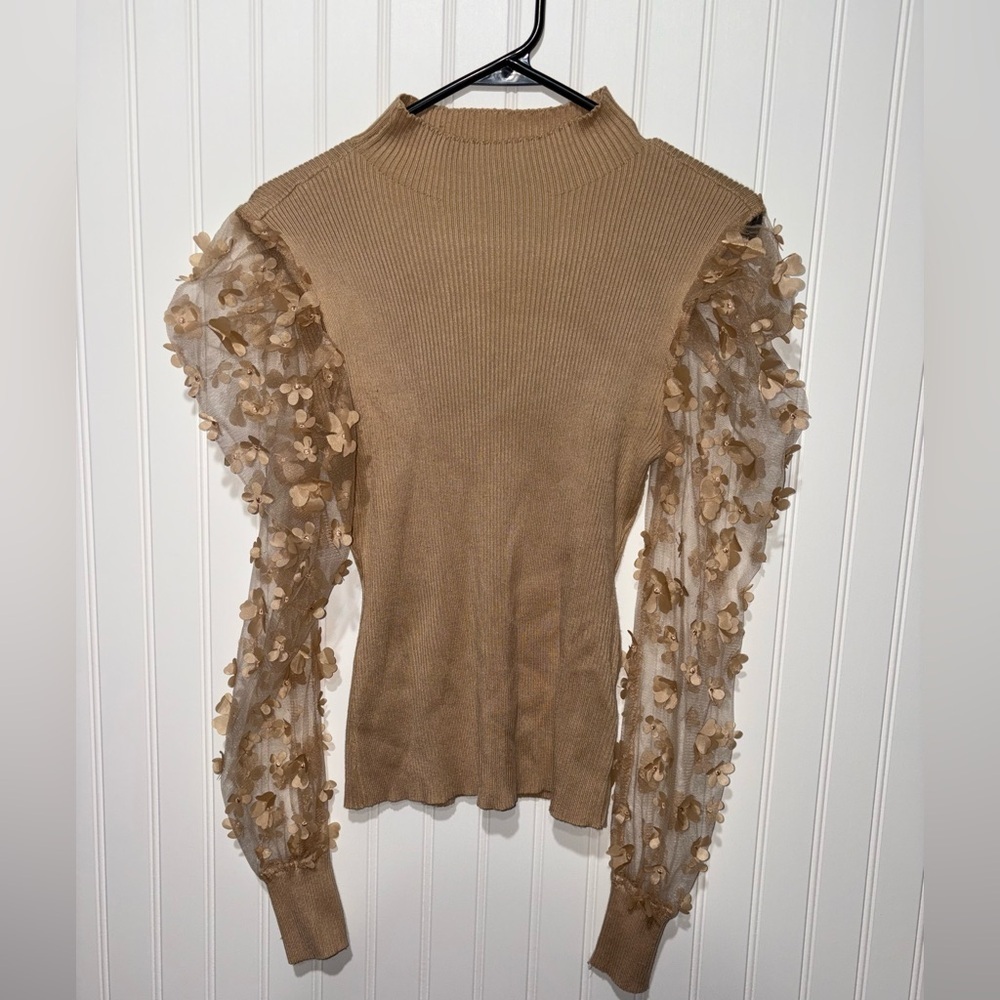 Almost Famous Tan Sweater with Floral Sheer Sleeves| Size Large - Picture 2 of 5